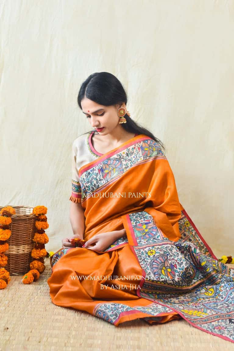 'SITA RAM' Handpainted Madhubani Tussar Silk Saree — image 4 of 4