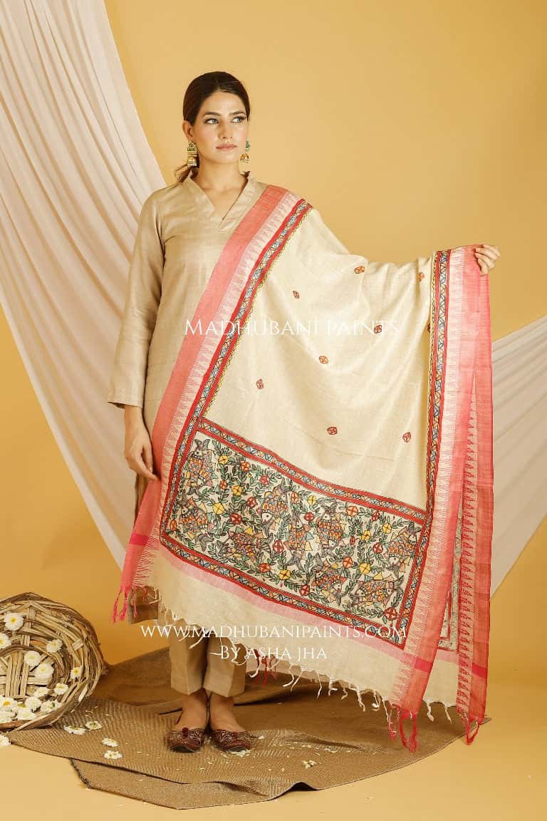 Surmai Pond Madhubani Handpainted Pure Handloom Cotton Dupatta — image 2 of 3