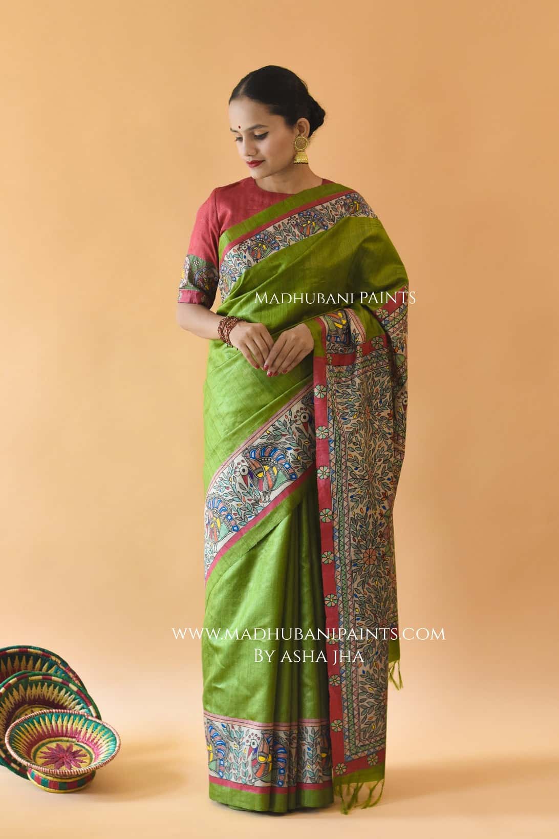 'HARI MORNI' Handpainted Madhubani Tussar Silk Saree Blouse Set — image 9 of 10
