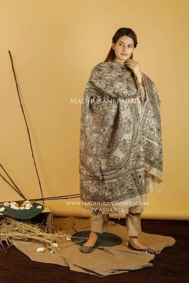 Mayuri Matsya Mandara Madhubani Handpainted Pure Handwoven Tussar Silk Dupatta — image 2 of 3
