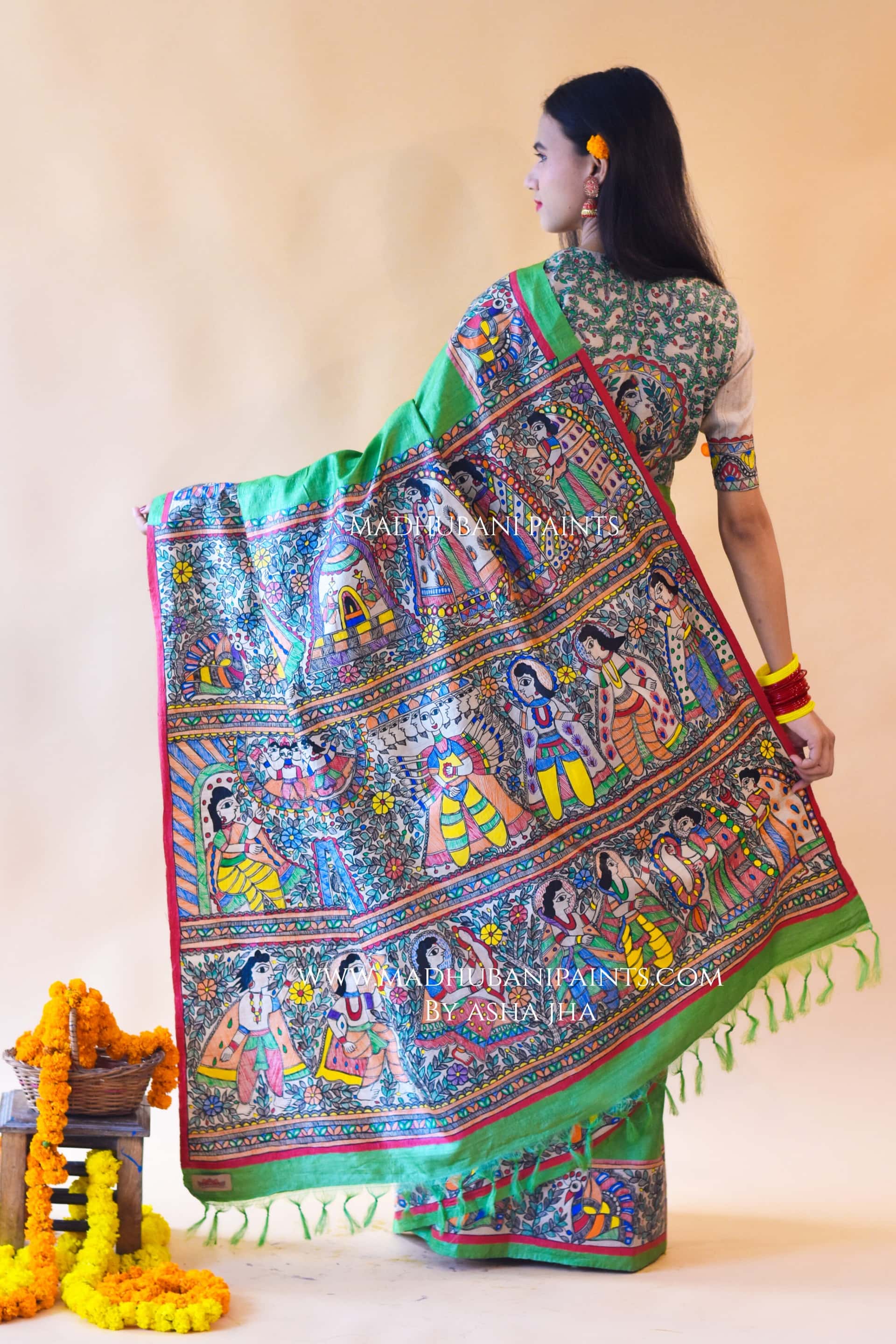 "Hariyali Ramayan" Hand-painted Madhubani Tussar Silk Saree Blouse Set — image 2 of 8