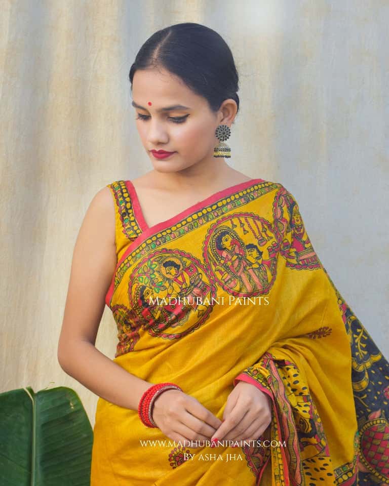 'GOVARDHAN' Handpainted Madhubani Tussar Silk Saree — image 9 of 9