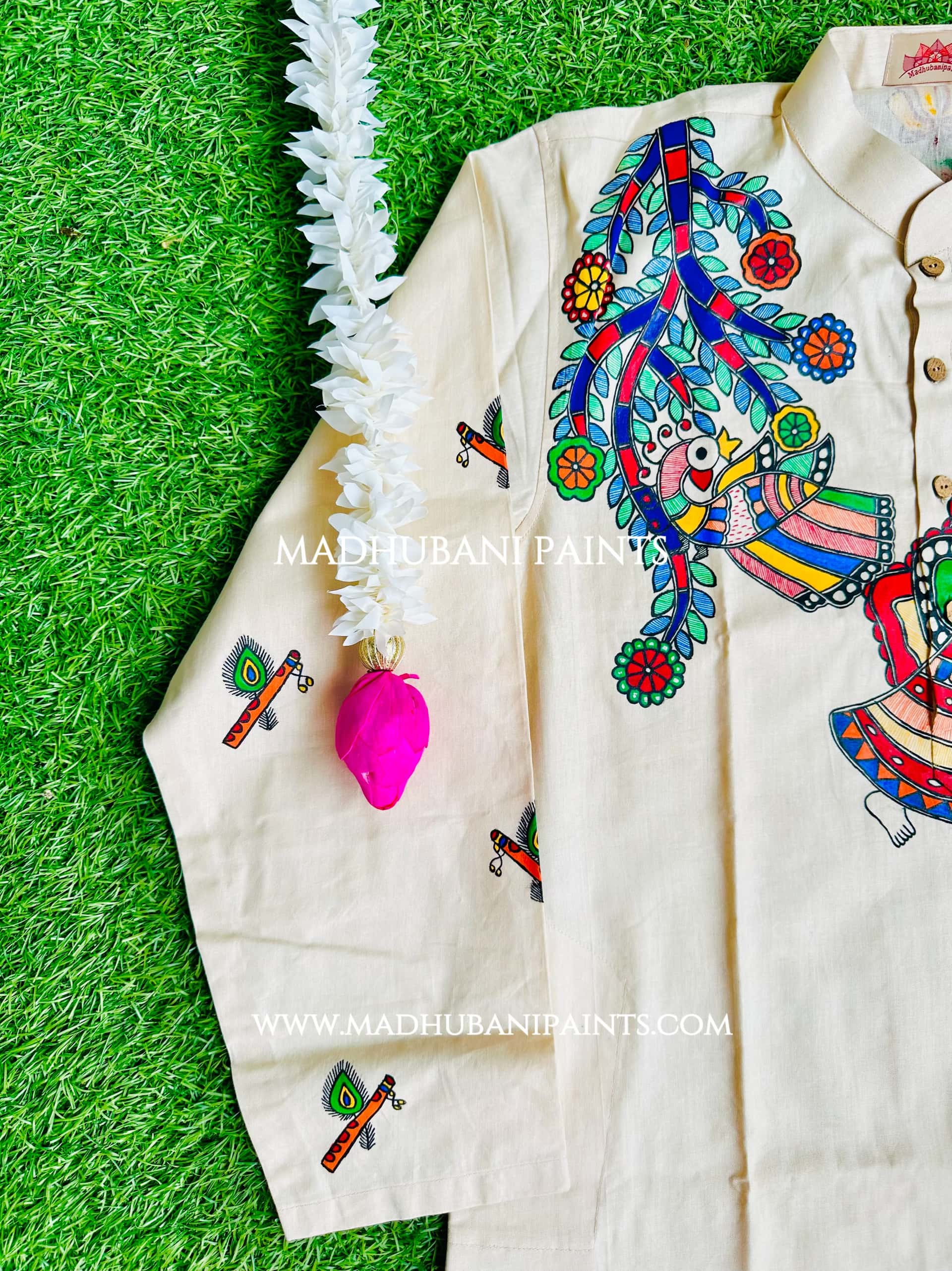 RADHA RAMAN Hand-painted Beige Handloom Men's Cotton Kurta — image 3 of 6