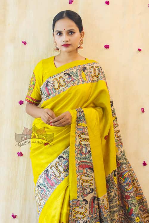 'MITHILA KOHBAR' Yellow Tussar Silk Saree — image 2 of 6