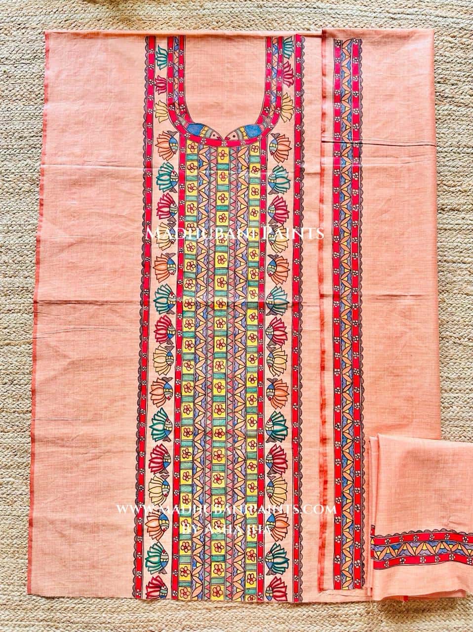 Gopiyaa Kamal  Hand-painted Madhubani Painting Cotton Unstitched Kurta Pant Dupatta Set — image 3 of 3