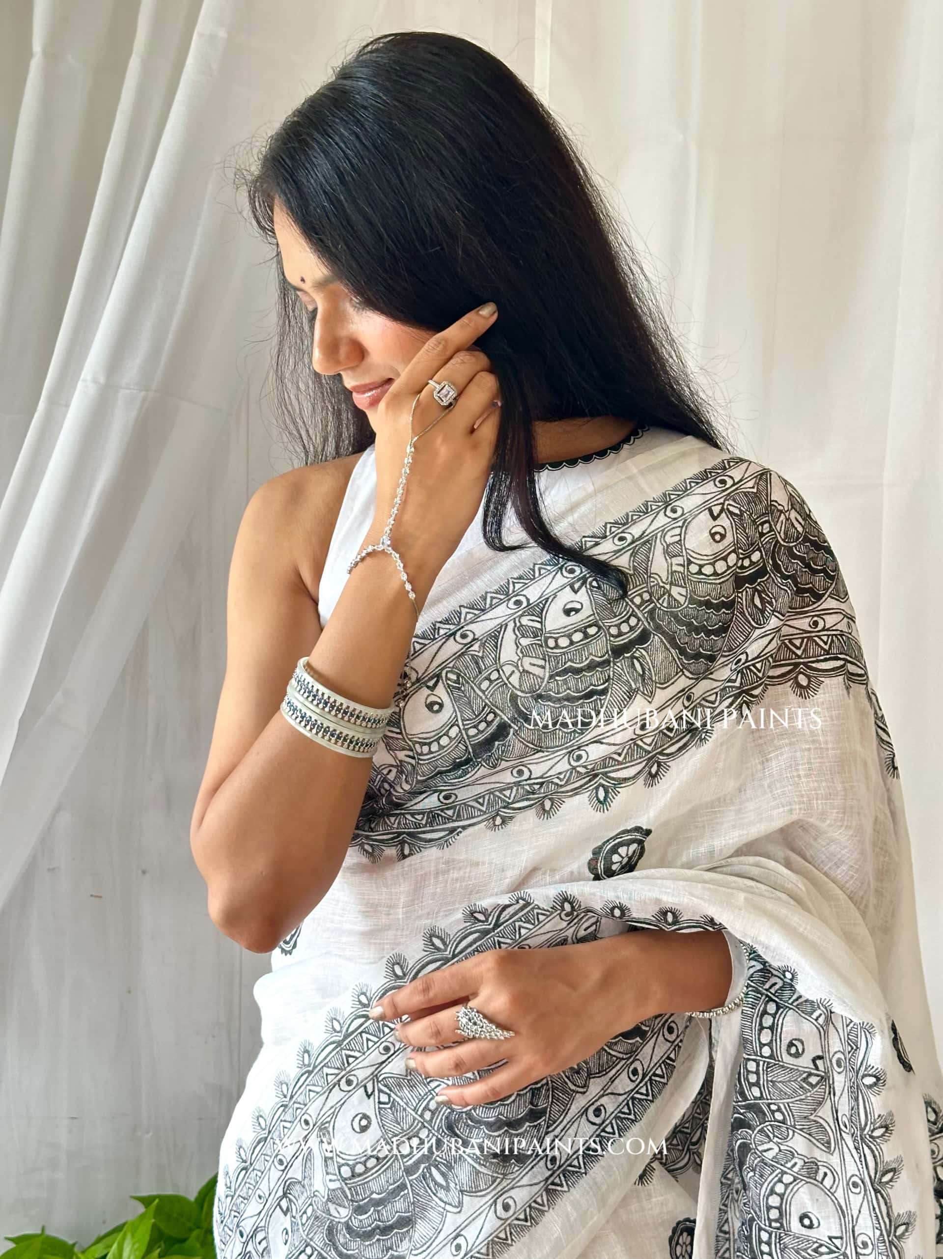 Linen Sagar Shringar Hand-painted Madhubani Painting Saree