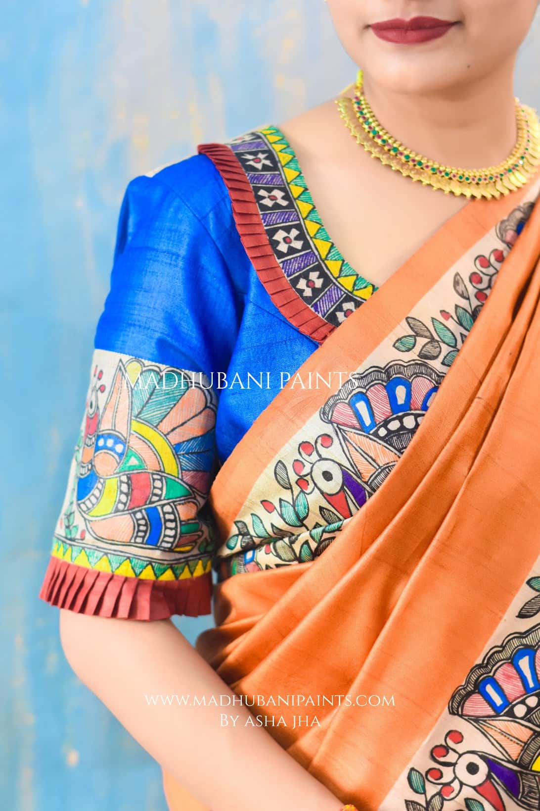 'NARANGI DOLI' Hand Painted  Madhubani Tussar Silk Blouse — image 3 of 5