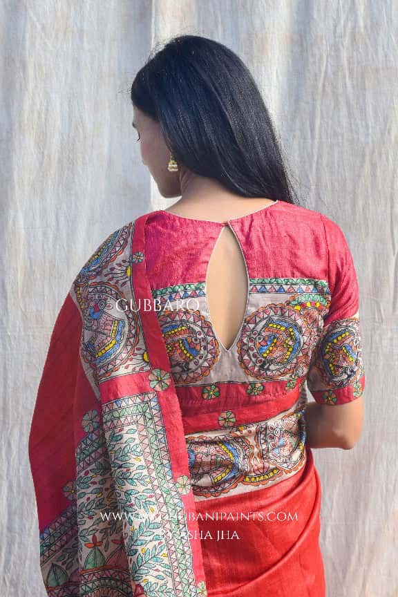 'MITHILA MAYURI' Handpainted Madhubani Tussar Silk Saree Blouse Set — image 9 of 10