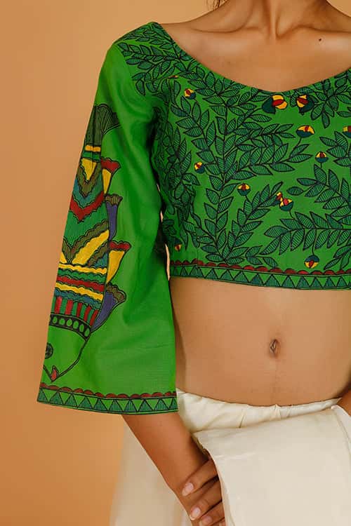 'Morni' Handpainted Madhubani Handloom Cotton Blouse — image 3 of 7