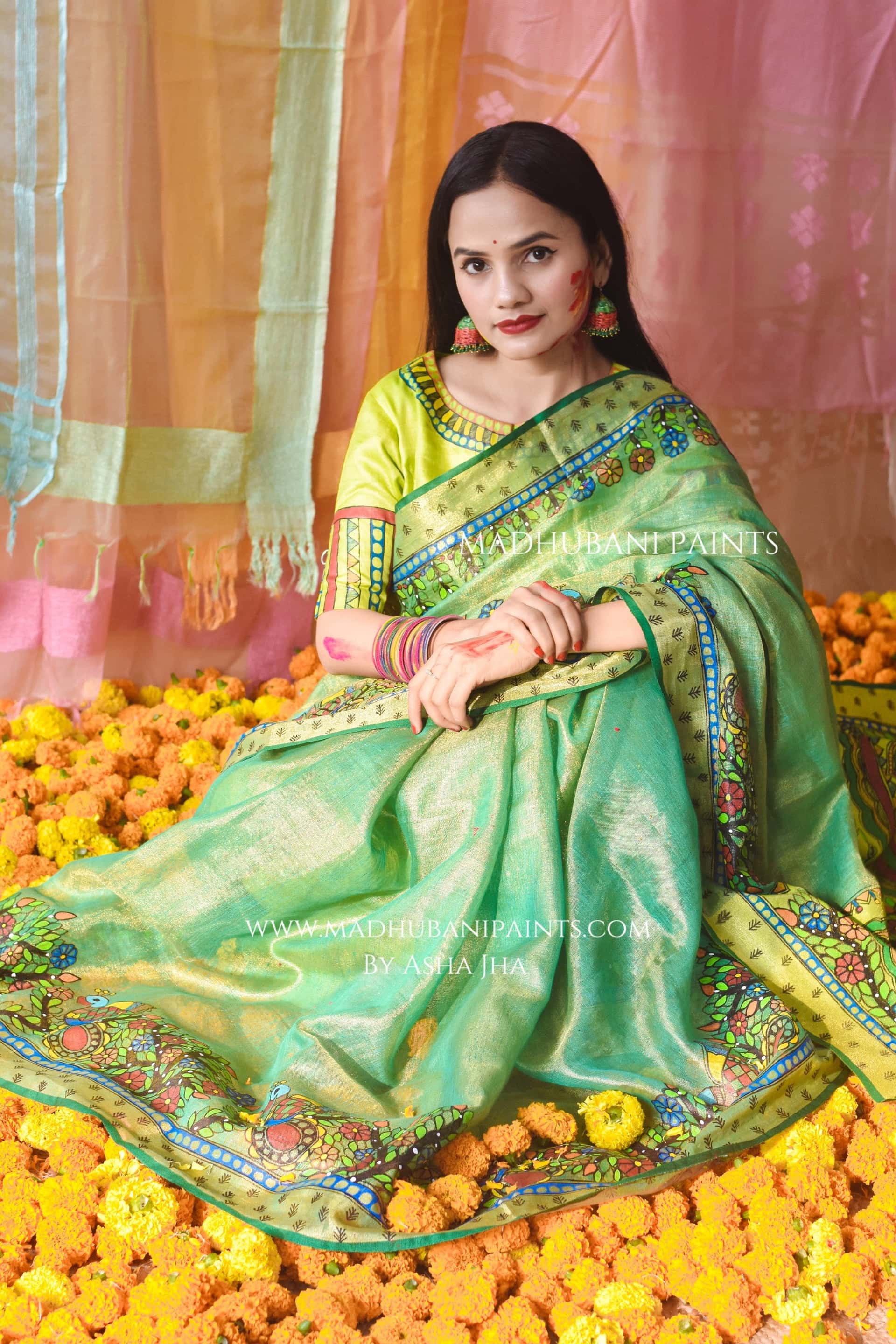 VASANTI Hand-painted Madhubani Tissue Linen Saree — image 5 of 8