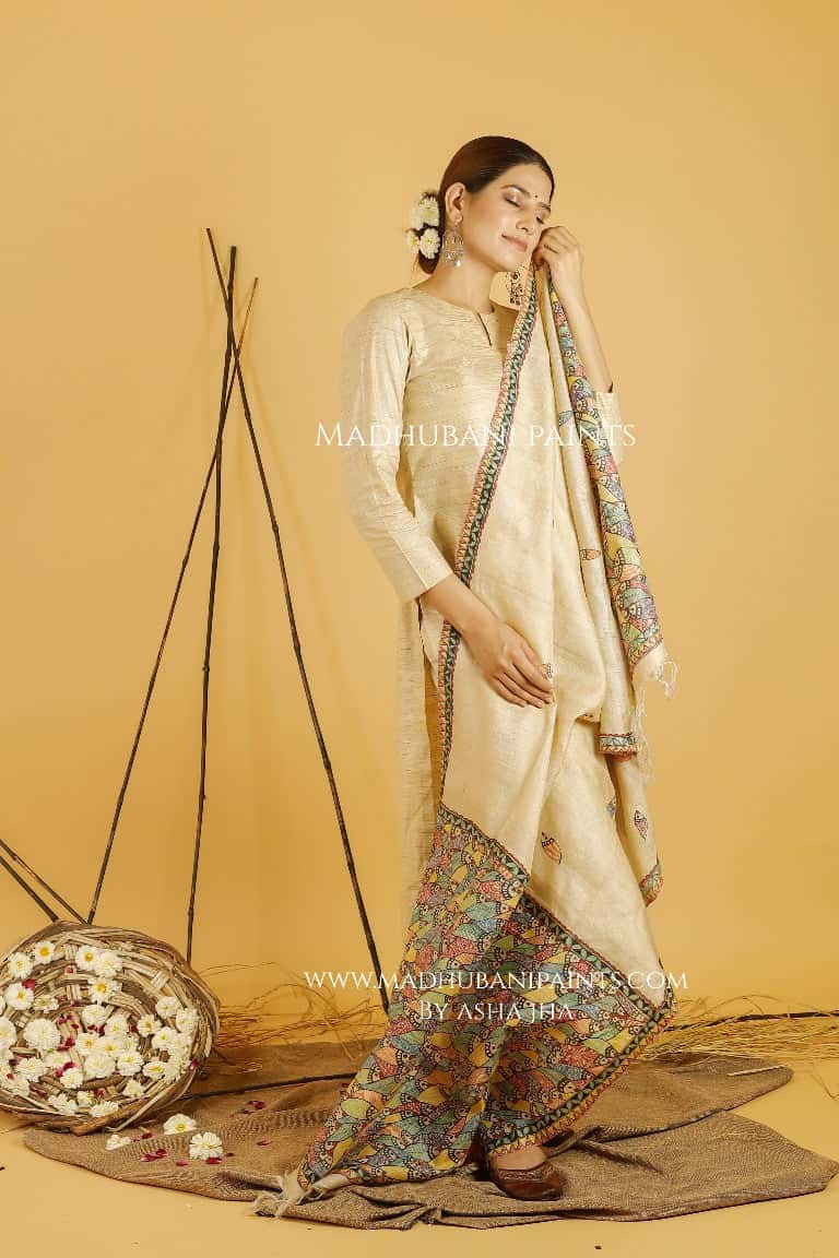 Matsya Leela Madhubani Handpainted Pure Handwoven Tussar Silk Dupatta — image 2 of 4