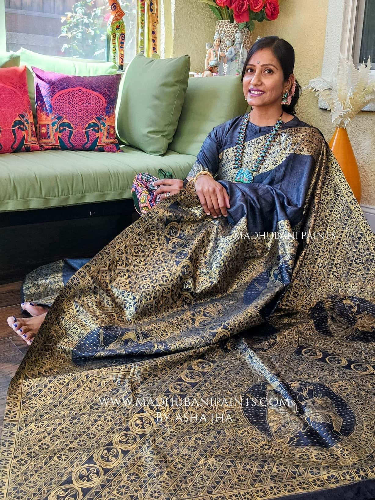 RADHA KRISHNA NRITYA Hand-painted Madhubani Tussar Silk Saree — image 2 of 9