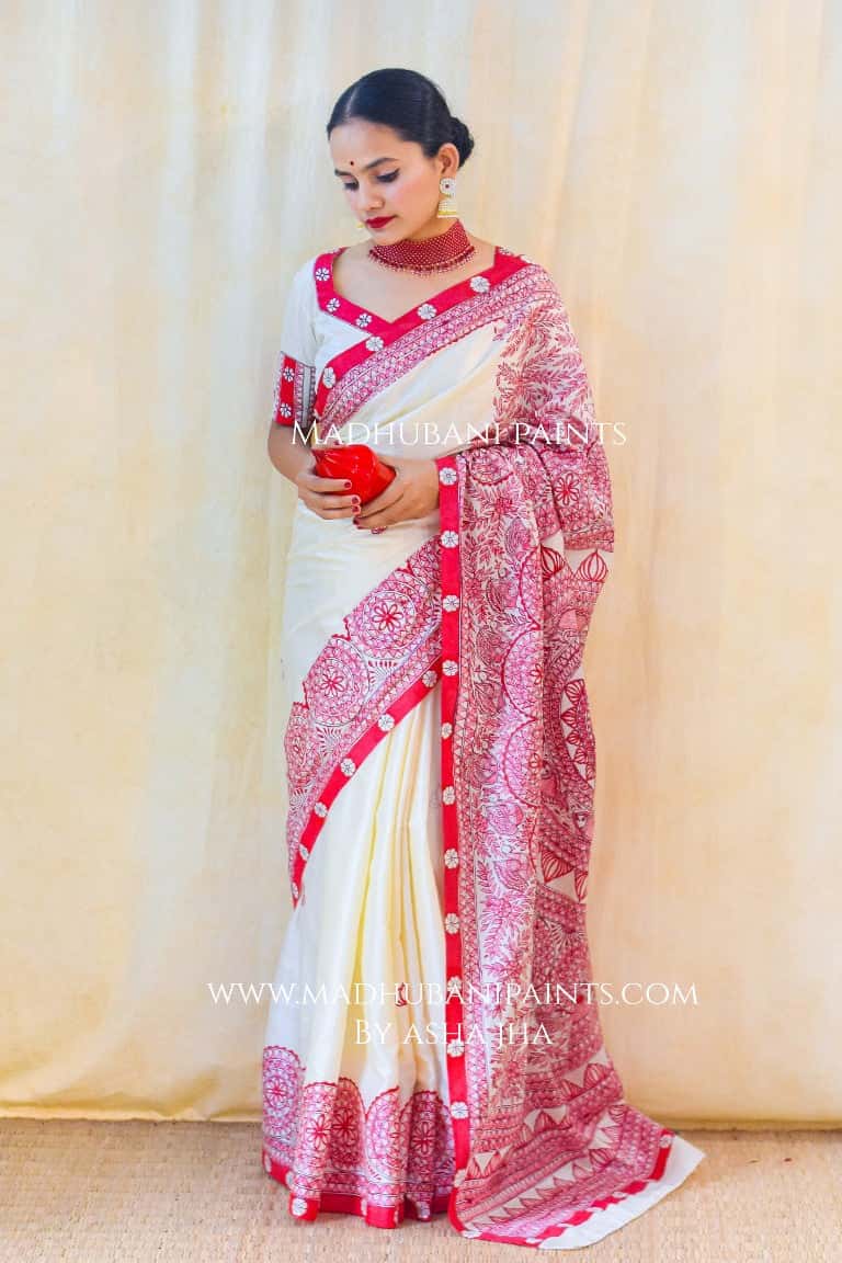 Manik Raina Handpainted Madhubani Tussar Silk Saree Blouse Set — image 4 of 10