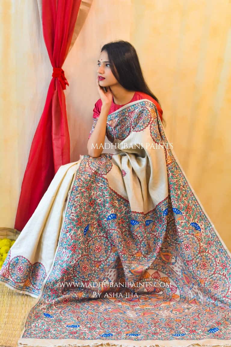 'MATSYA NRITYA'  Handpainted Madhubani Tussar Silk Saree — image 7 of 8