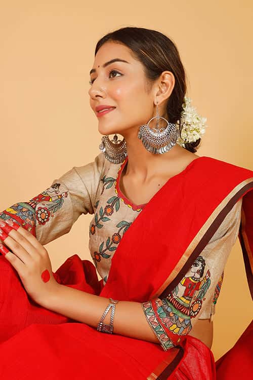 'Mithila Gudiyaa' Handpainted Madhubani Tussar Silk Blouse — image 2 of 5