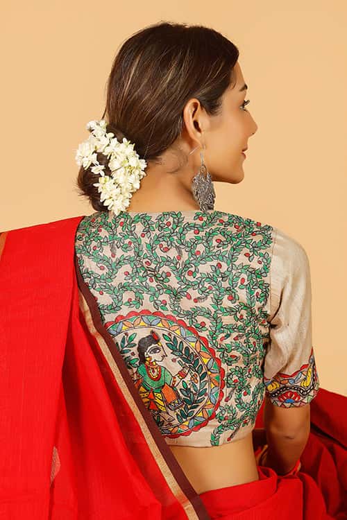 'Krishna' Handpainted Madhubani Tussar silk Blouse — image 5 of 9