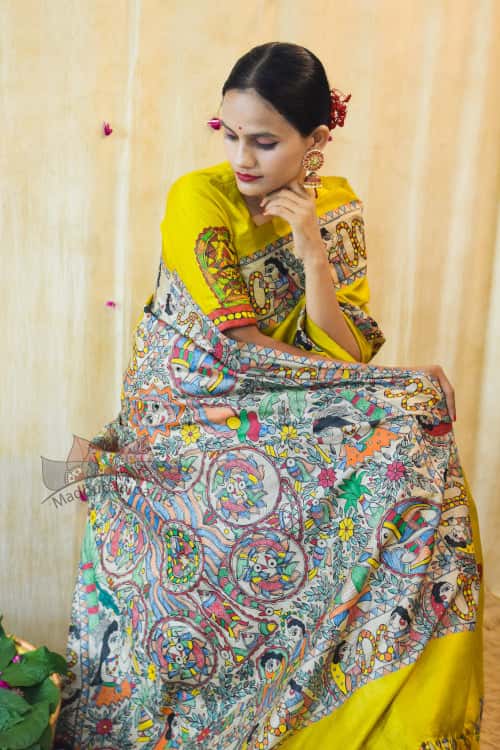 'MITHILA KOHBAR' Yellow Tussar Silk Saree — image 6 of 6