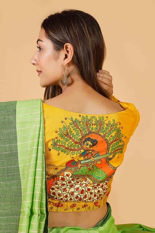 'Saraswati' Handpainted Madhubani  Moonga Silk Blouse — image 5 of 9