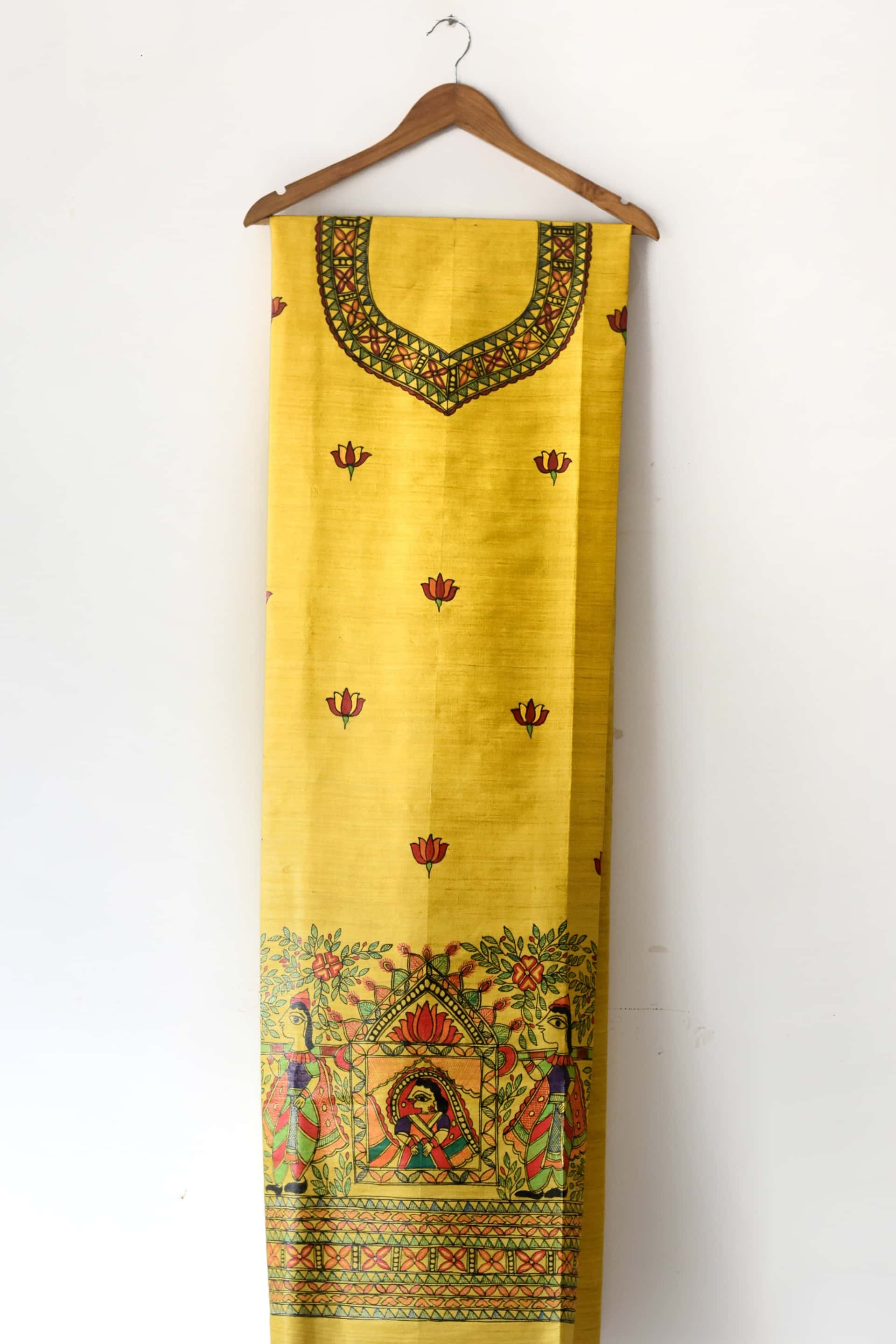 Yellow Doli Hand-painted Madhubani Painting Silk Unstitched Kurta — image 2 of 2
