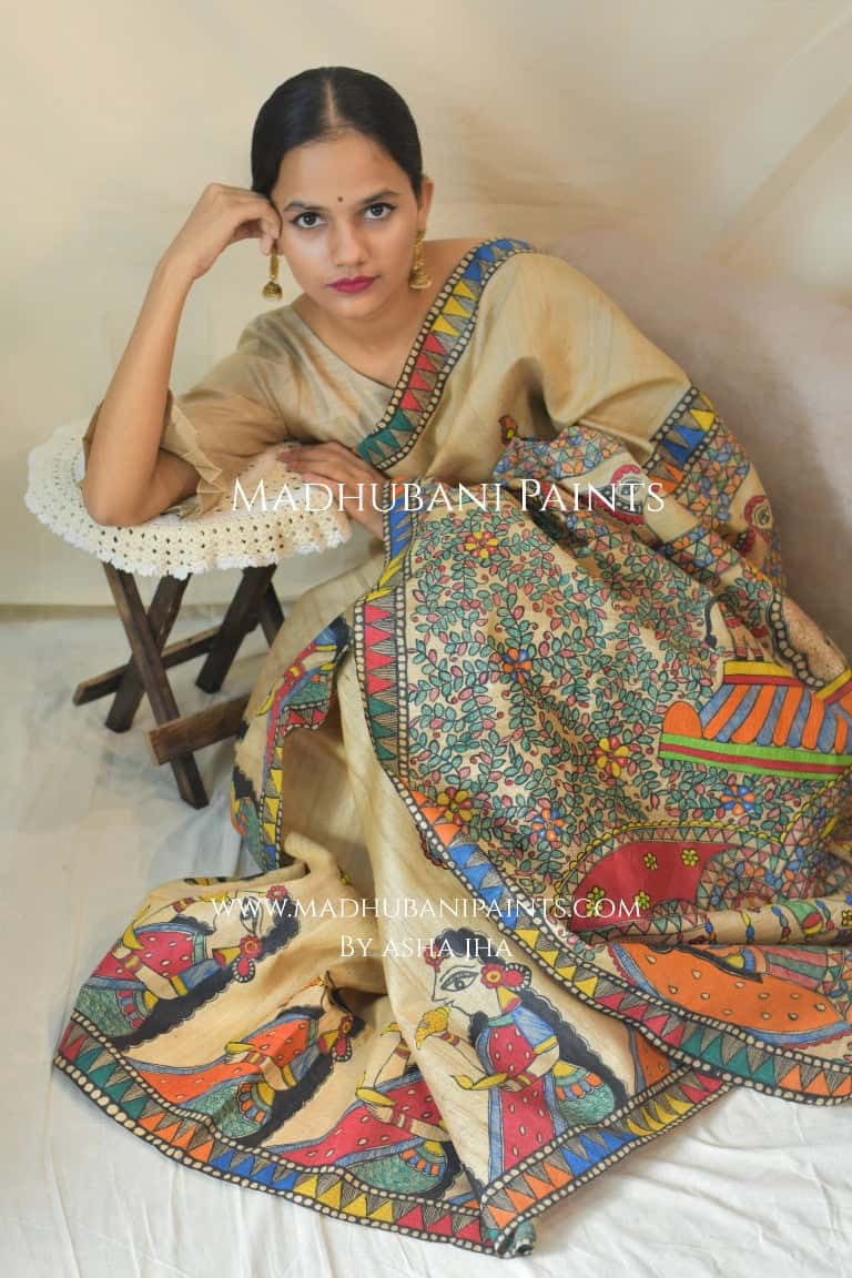 'DURGA DEVI' Handpainted Madhubani Tussar Silk Saree — image 5 of 5