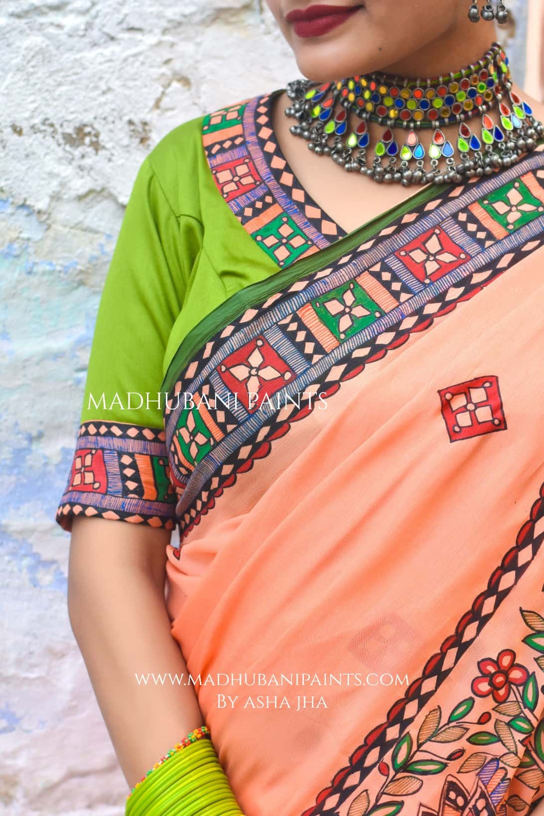 Radha Raman Prem Manjari Hand-painted Madhubani Chiffon Saree Blouse Set — image 7 of 9