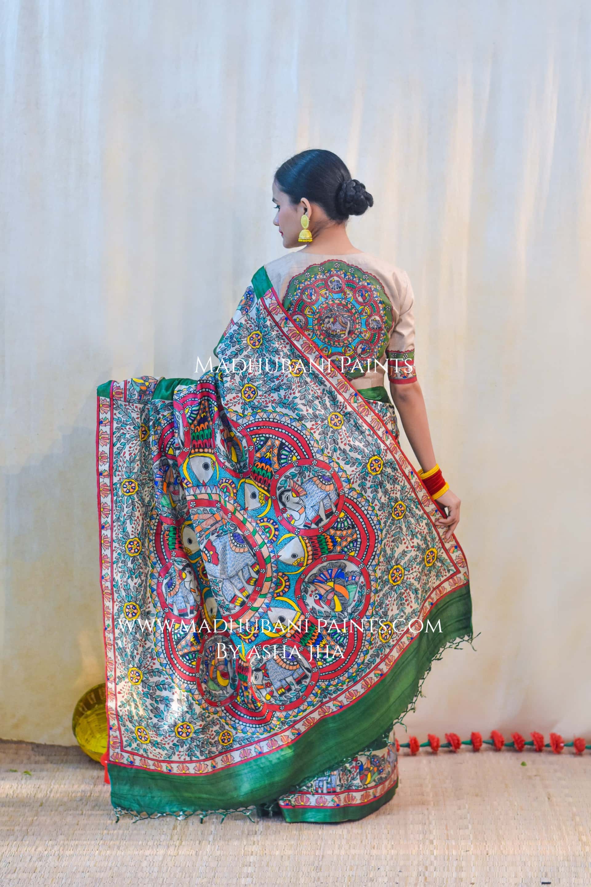 'HARIYALI'  Handpainted Madhubani Tussar Silk Saree — image 5 of 9