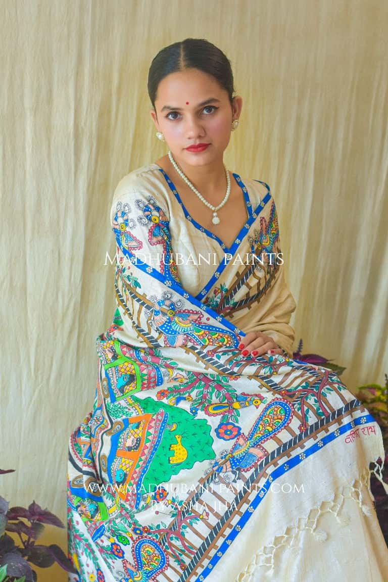 RAILGADI Handpainted Madhubani Painting Tussar Silk Saree — image 6 of 7