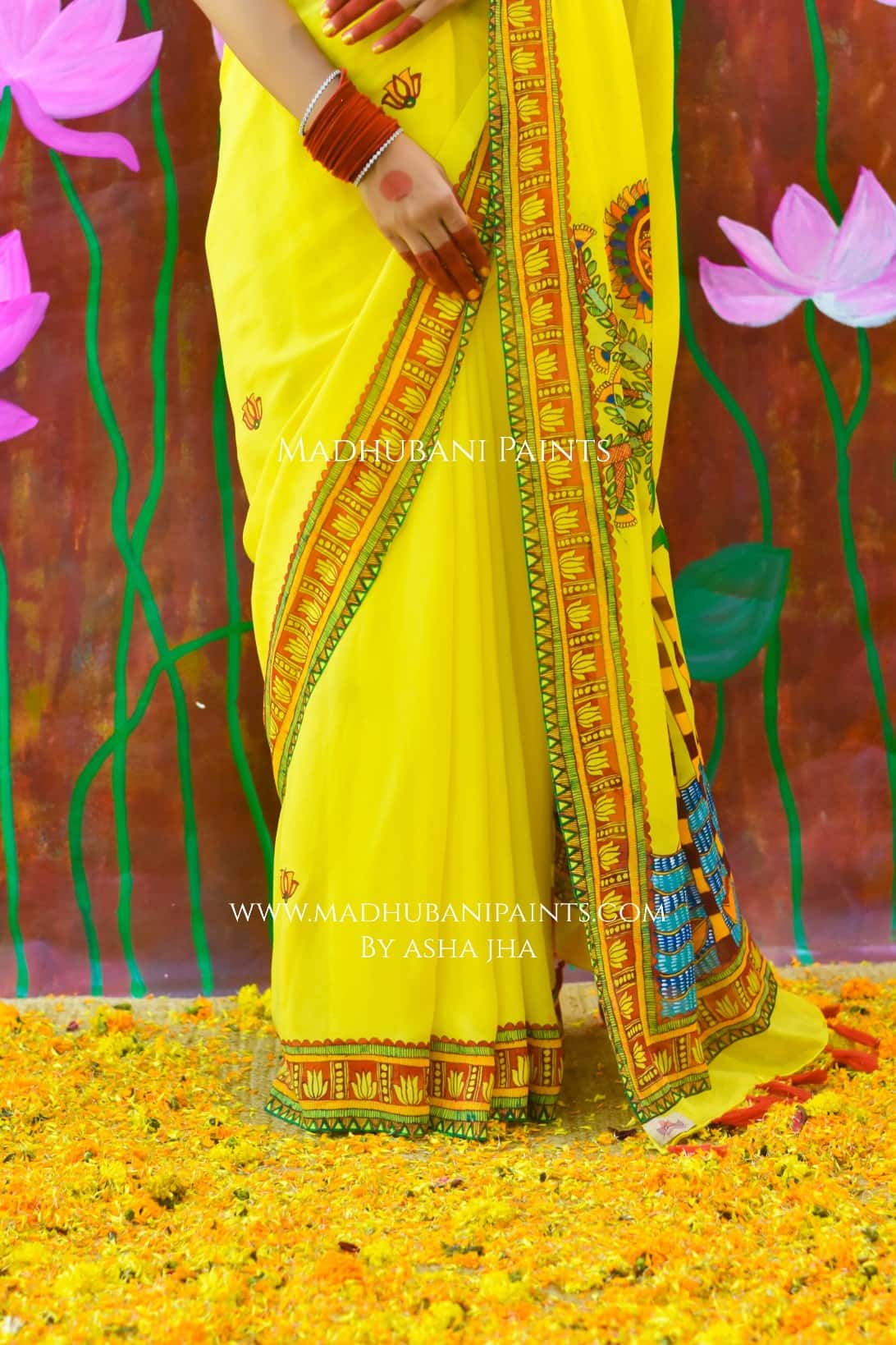 BHAKTI BHAVA Chhath Puja Hand painted Madhubani Georgette Saree — image 5 of 8