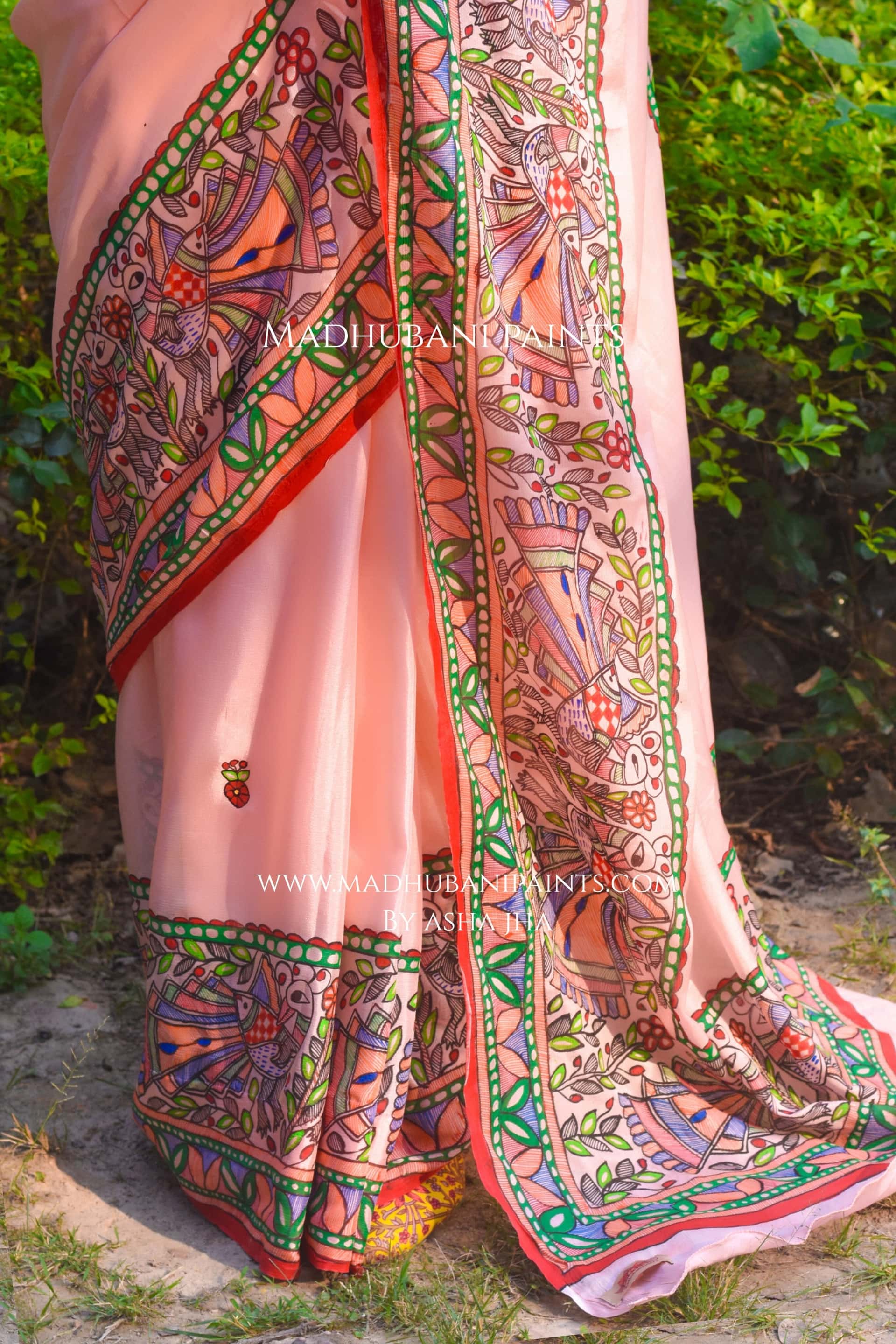 Gulabi Mor Hand-painted Madhubani Chiffon Saree — image 5 of 7