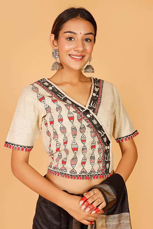'Surmai Lotus' Handpainted Madhubani Cotton Blouse — image 4 of 6