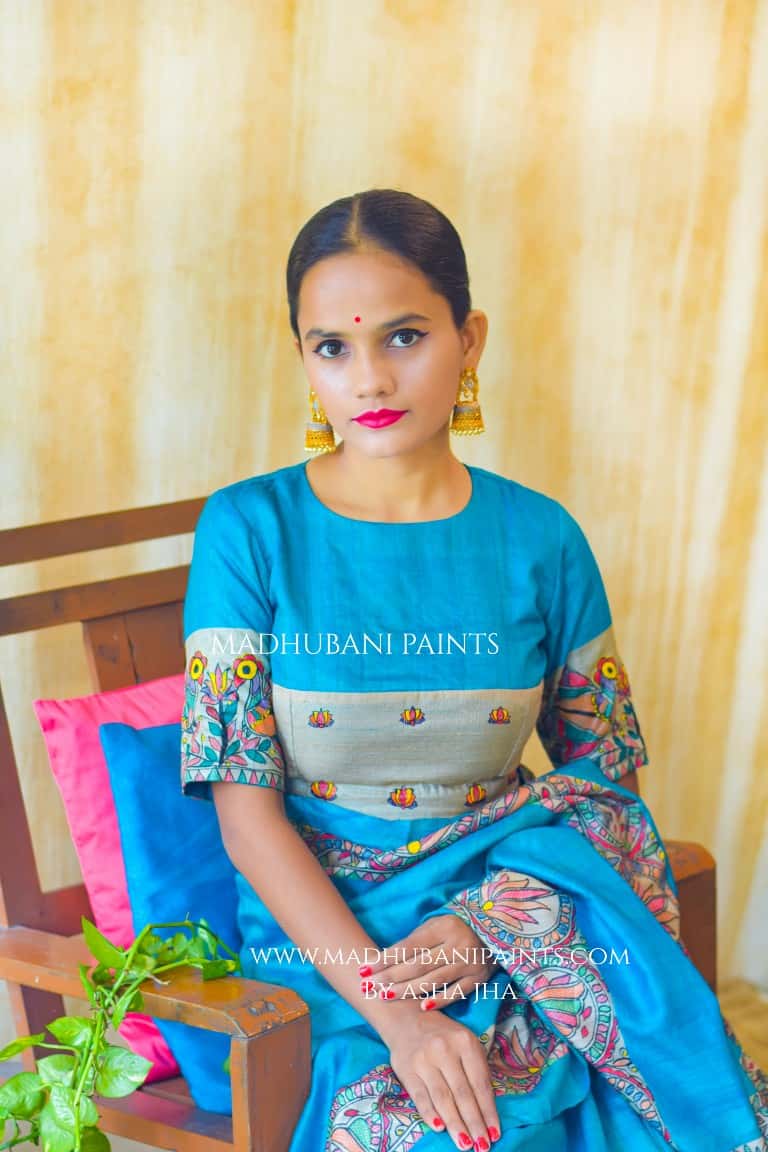 'SAANKH KAMAL' Handpainted Madhubani Tussar Silk Blouse — image 9 of 11
