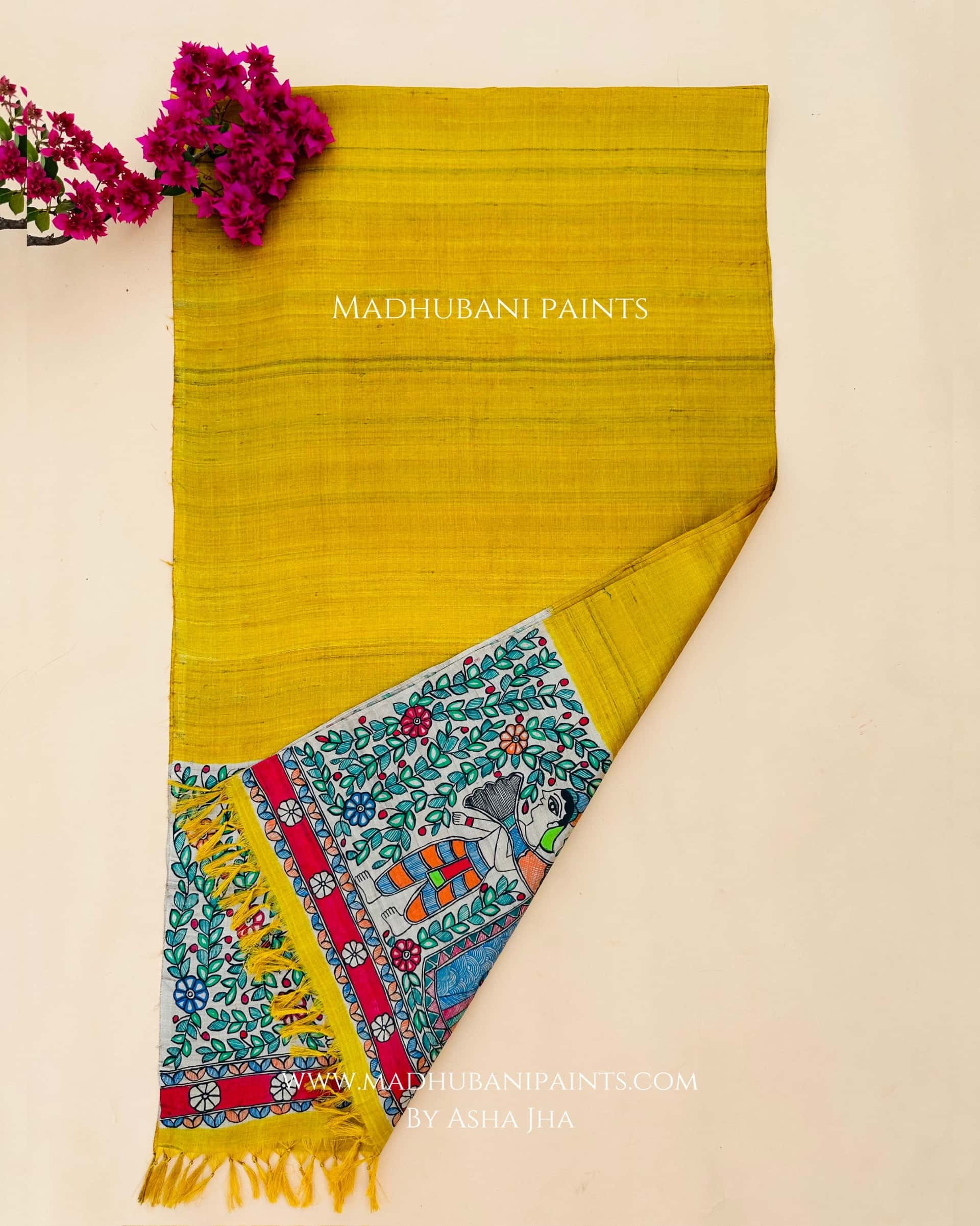 Doli Yellow Madhubani Hand-painted Tussar Silk Stole — image 2 of 3