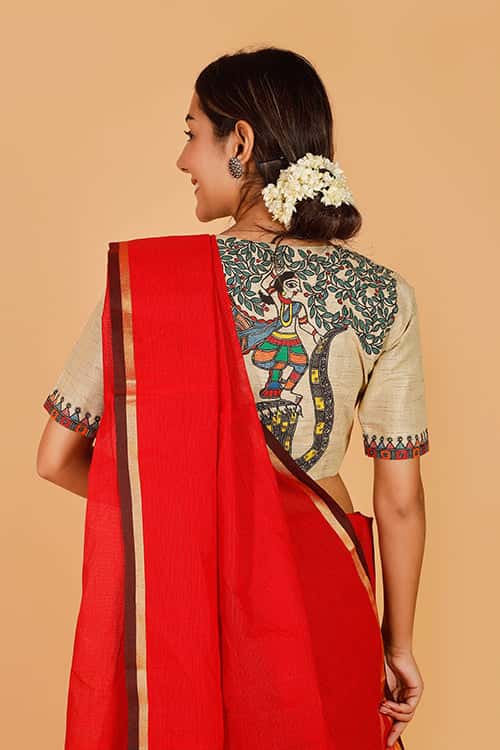 'Krishna Nritya' Handpainted Madhubani Cotton Blouse — image 5 of 8