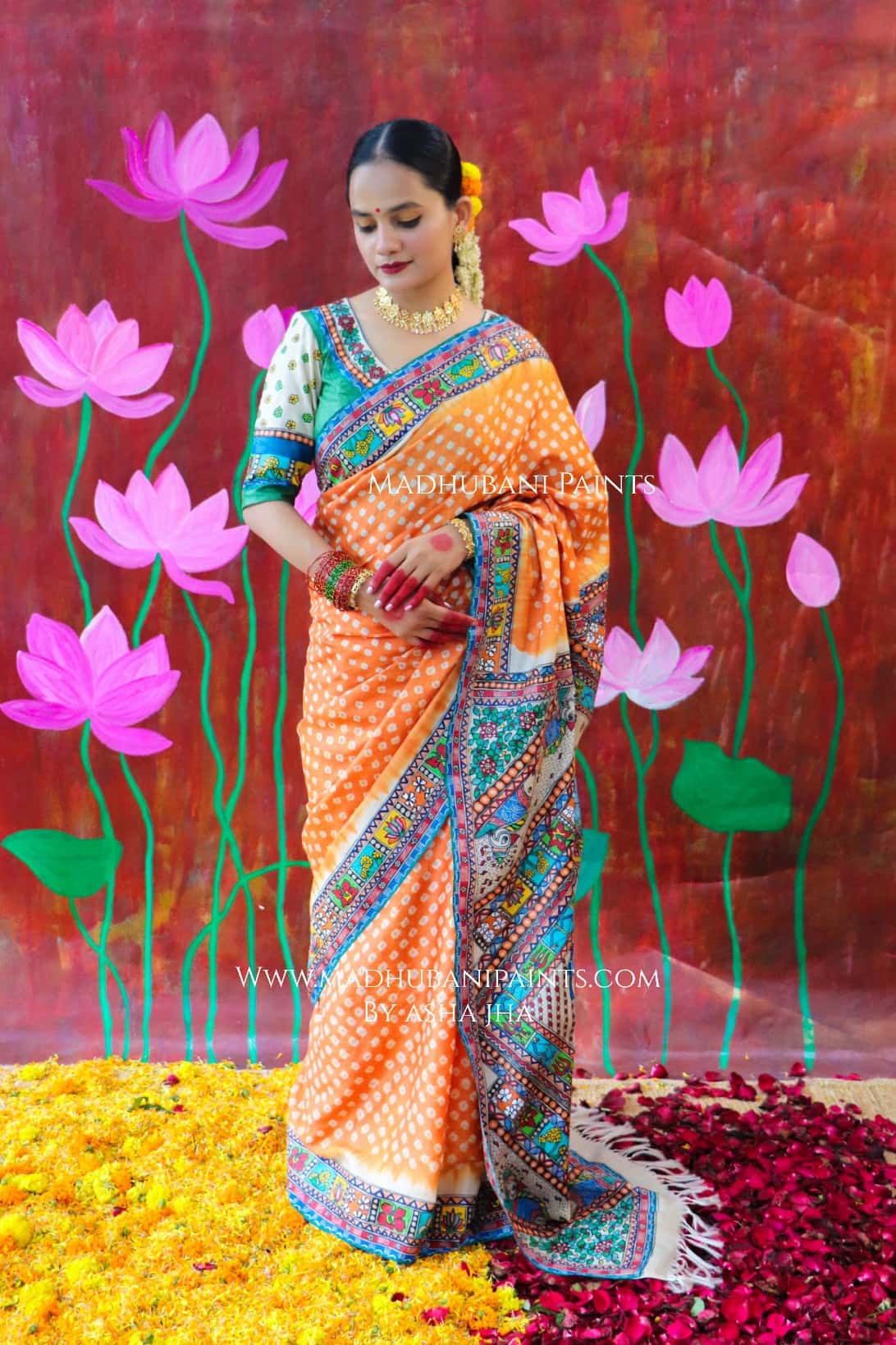 "BHARAT KA DUSSEHRA" Handpainted Madhubani Bandhini Tussar Silk Saree — image 5 of 8
