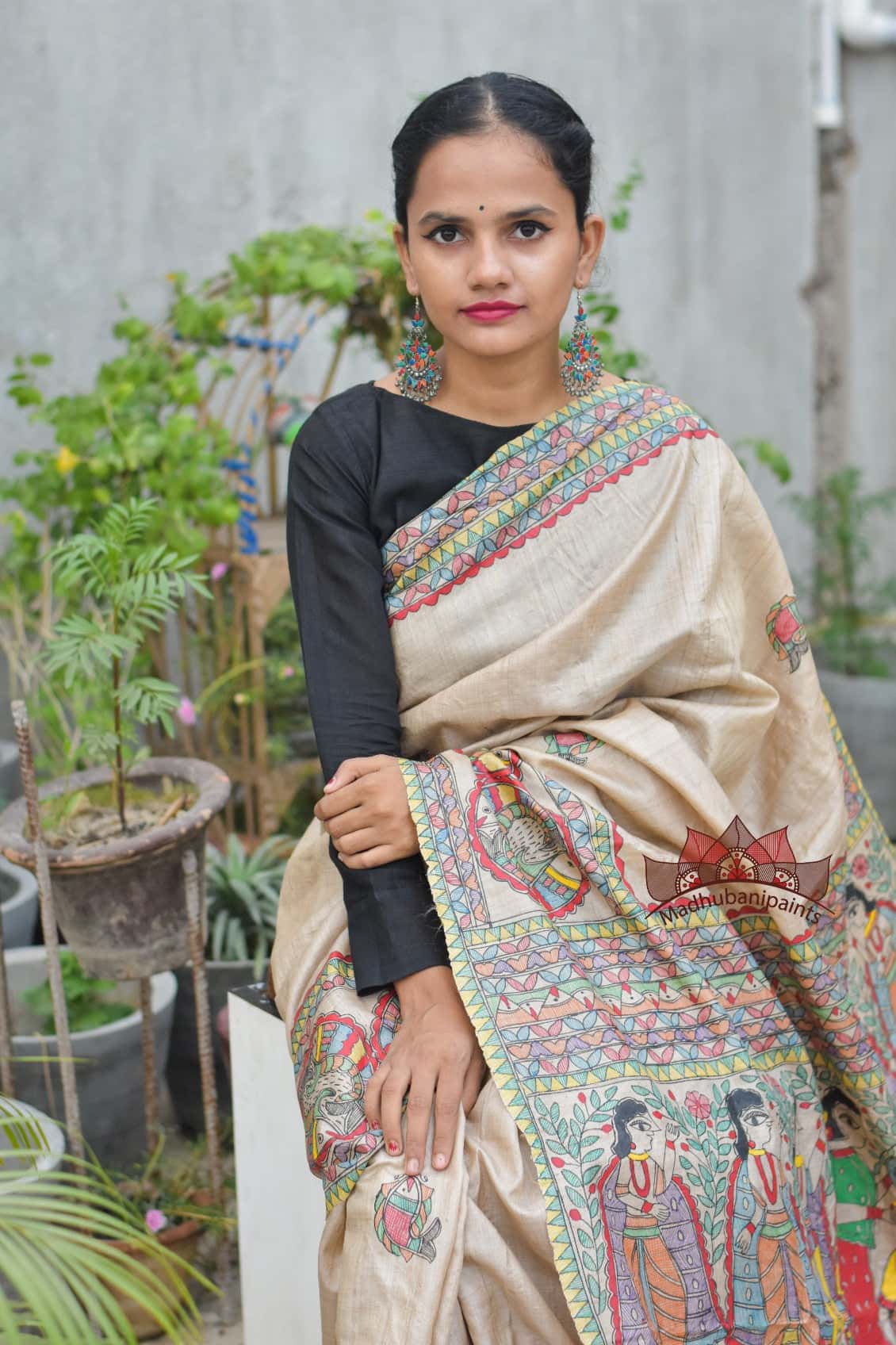 Puja Ceremony Handpainted Tussar Silk Saree — image 2 of 5