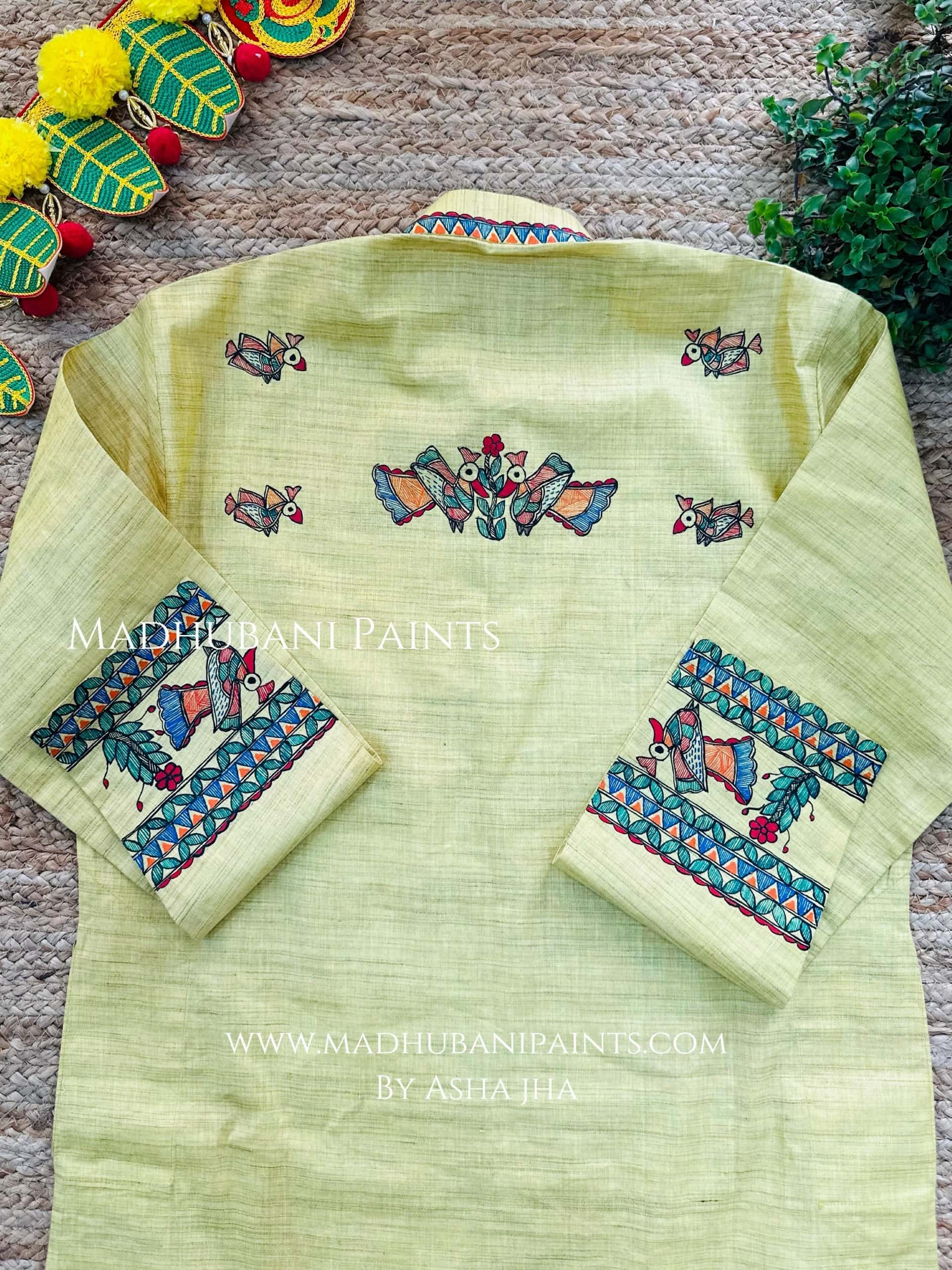 Yellow Mayuri Hand-painted Handloom Men's Cotton Kurta — image 7 of 9