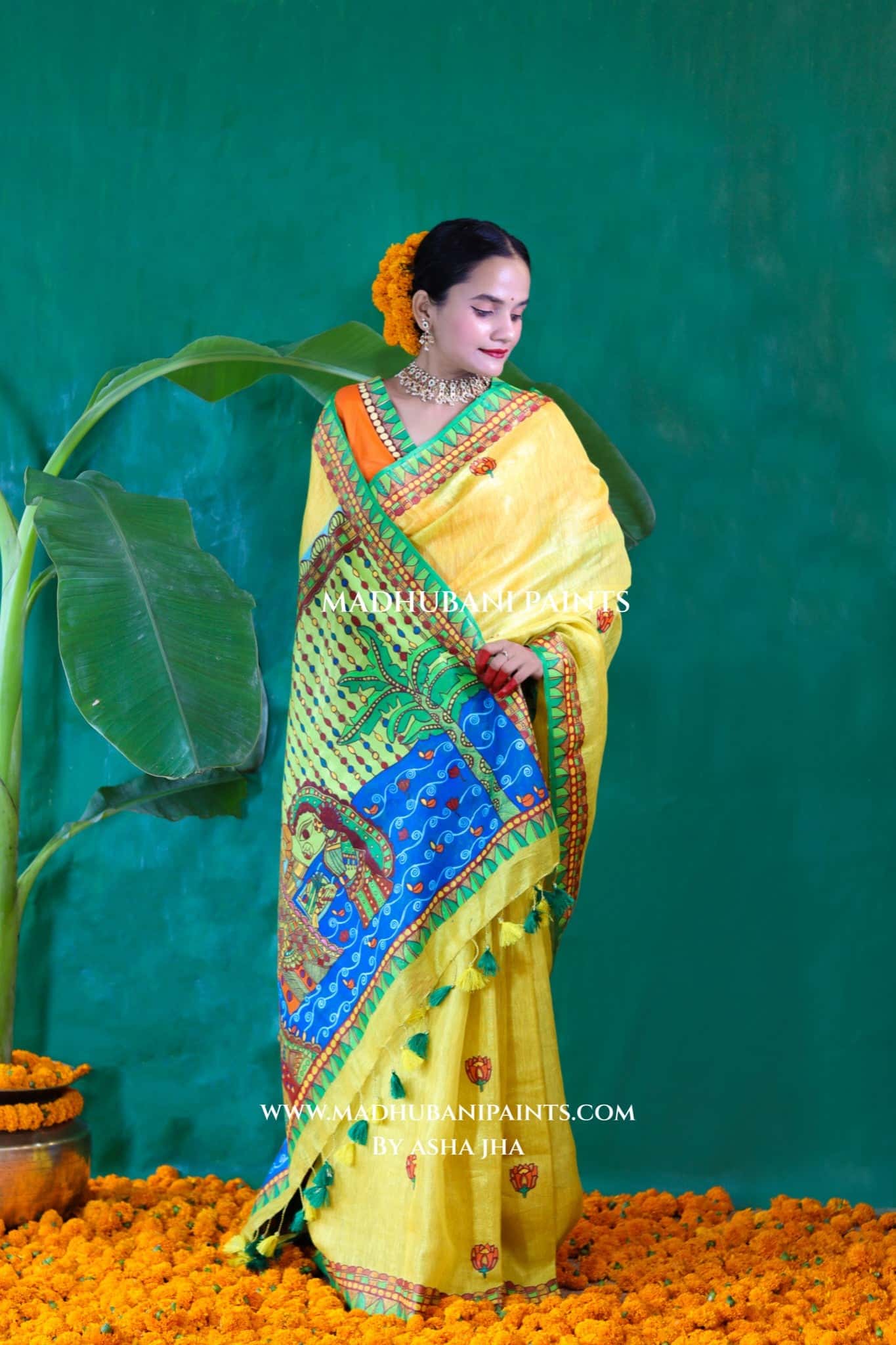 VRATI Chhath Puja Handpainted Madhubani Tissue Linen Saree Blouse Set — image 3 of 15