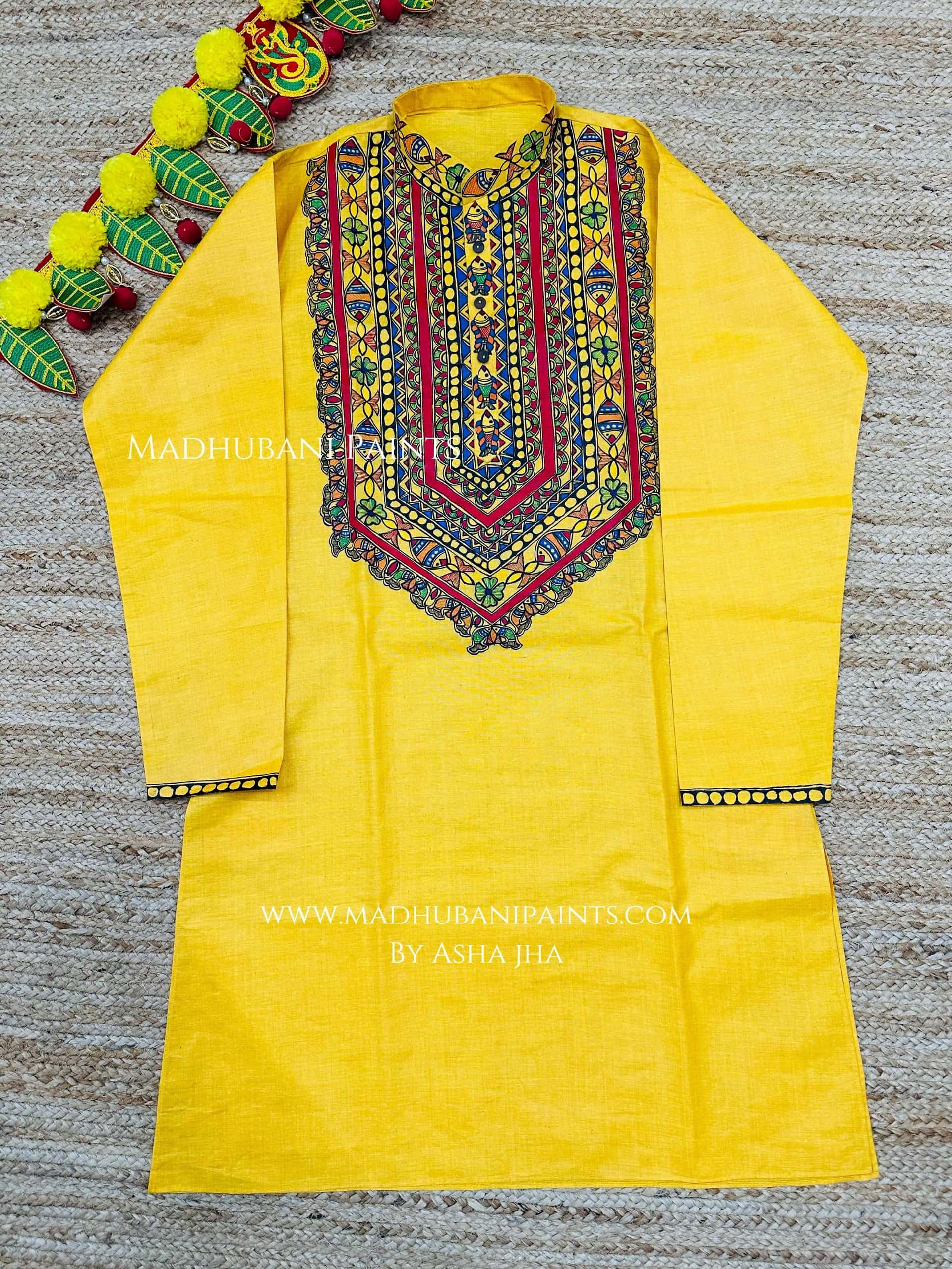 Yellow Surmai Kamal Hand-painted  Madhubani Men's Cotton Kurta — image 2 of 4
