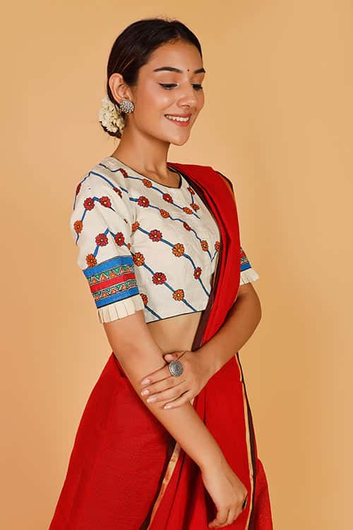 'Ecstatic Mayur' Handpainted Madhubani Moonga Silk Blouse — image 3 of 7