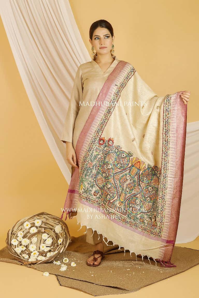 Kohbar Madhubani Handpainted Pure Handloom Cotton Dupatta — image 4 of 4