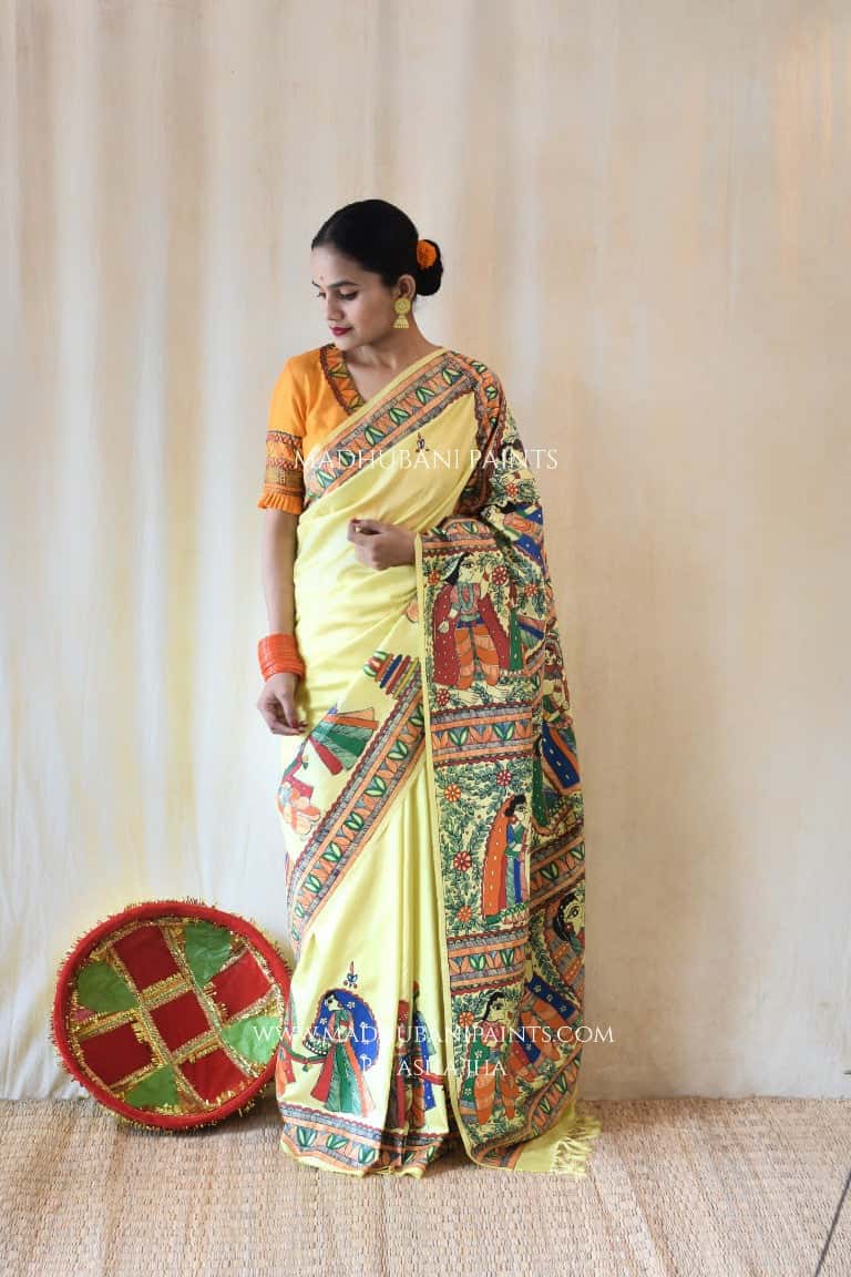 'SHAADI VIDDHI' Handpainted Madhubani Bishnupuri Silk Saree Blouse Set — image 2 of 12