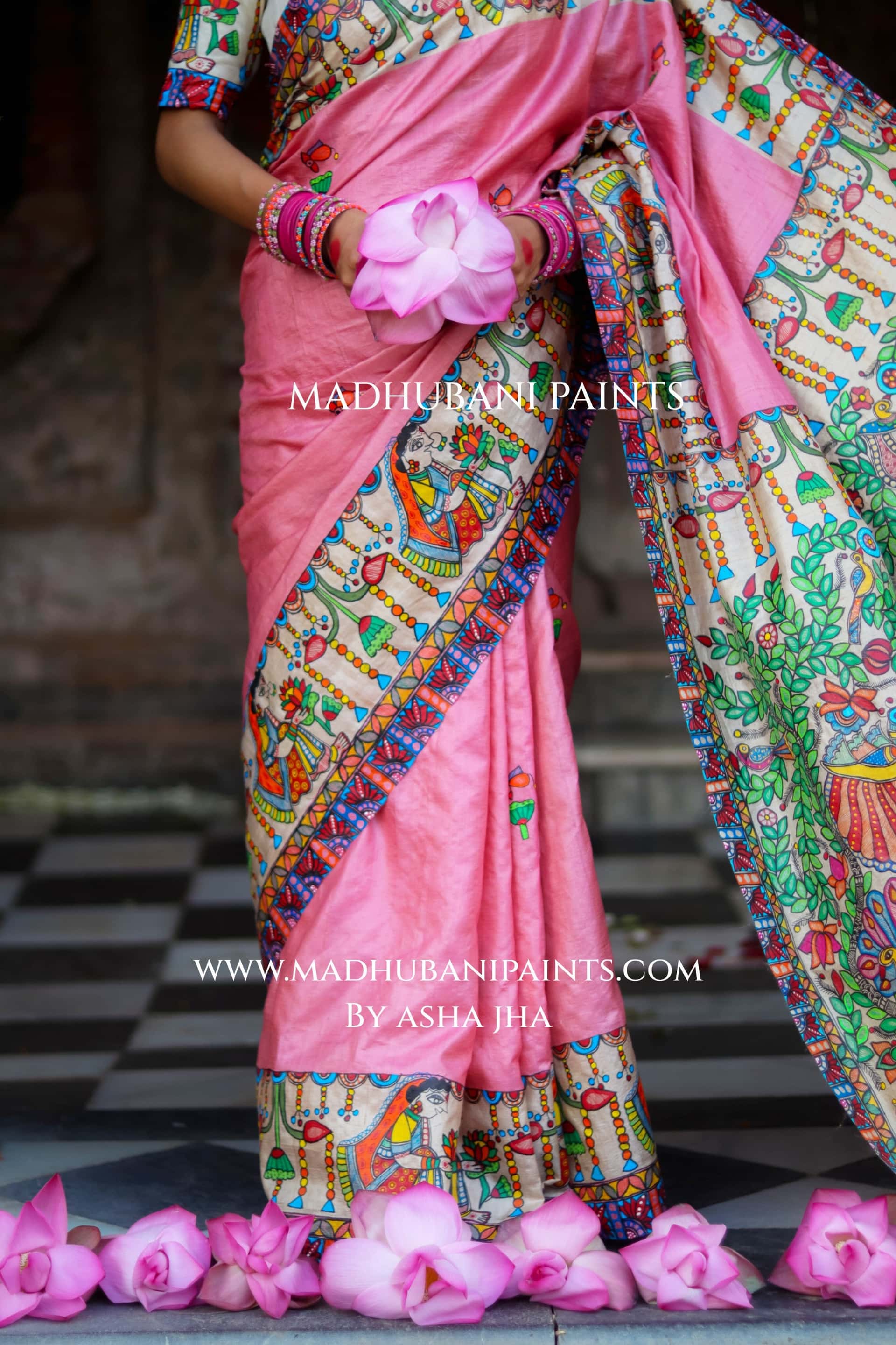 Durga Ji Ki Palki Handpainted Tussar Silk Madhubani Saree — image 2 of 9