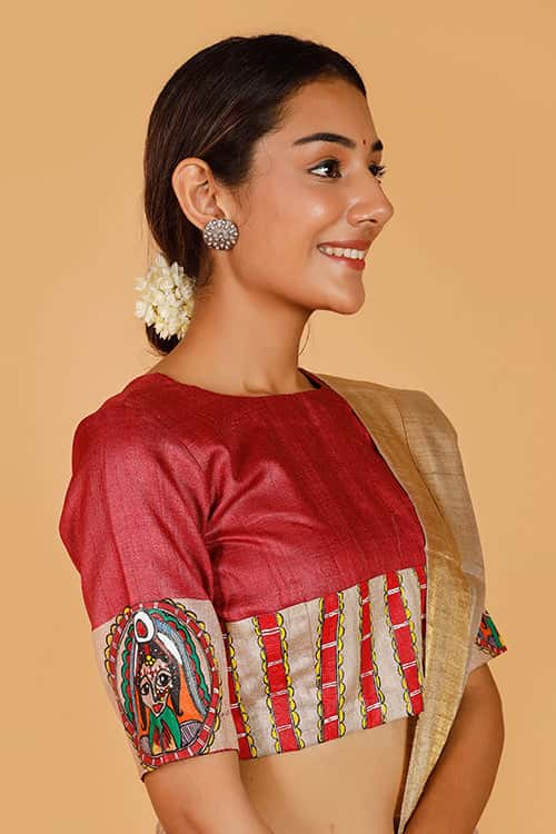 'Bengali Sindoordaan' Handpainted Madhubani Tussar Silk Blouse — image 5 of 8