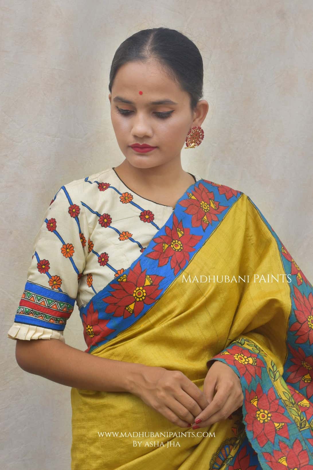 GAJANAND MATSYA' Hand Painted Madhubani Tussar Silk Saree Blouse Set — image 2 of 8