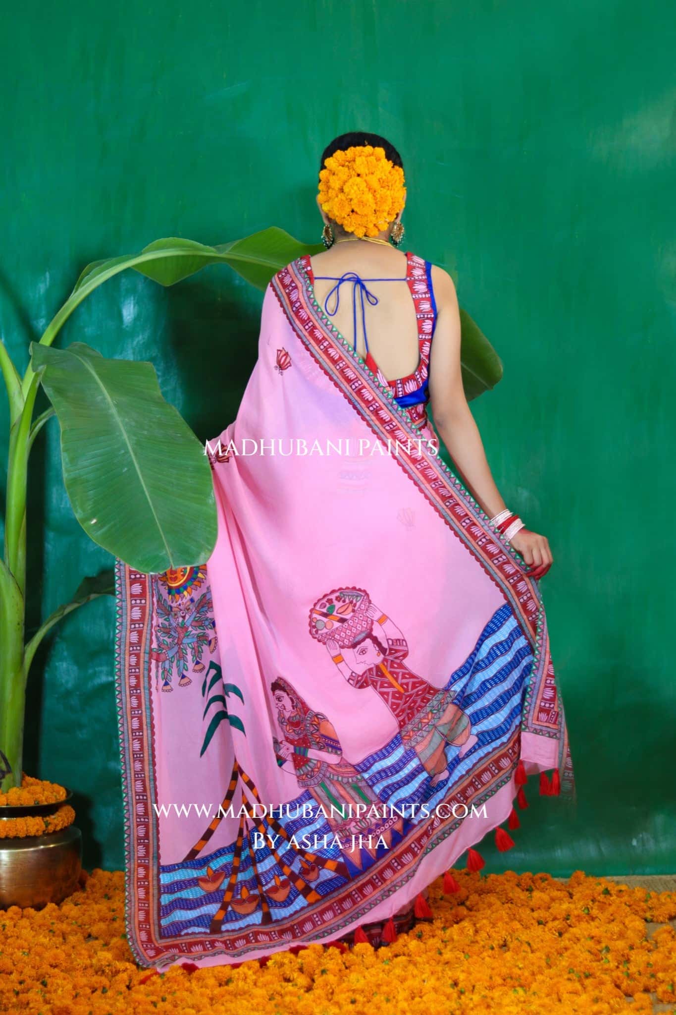 GULABI BHAKTI BHAVA Chhath Puja Hand painted Madhubani Georgette Saree Blouse Set — image 8 of 10
