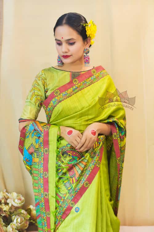 'VISHNU LEELA' Handpainted Madhubani Tussar Silk Saree — image 3 of 4