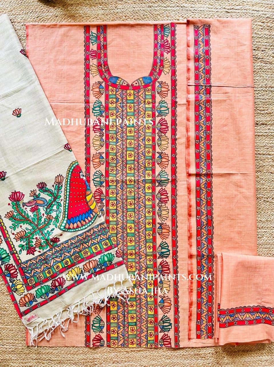 Gopiyaa Kamal  Hand-painted Madhubani Painting Cotton Unstitched Kurta Pant Dupatta Set