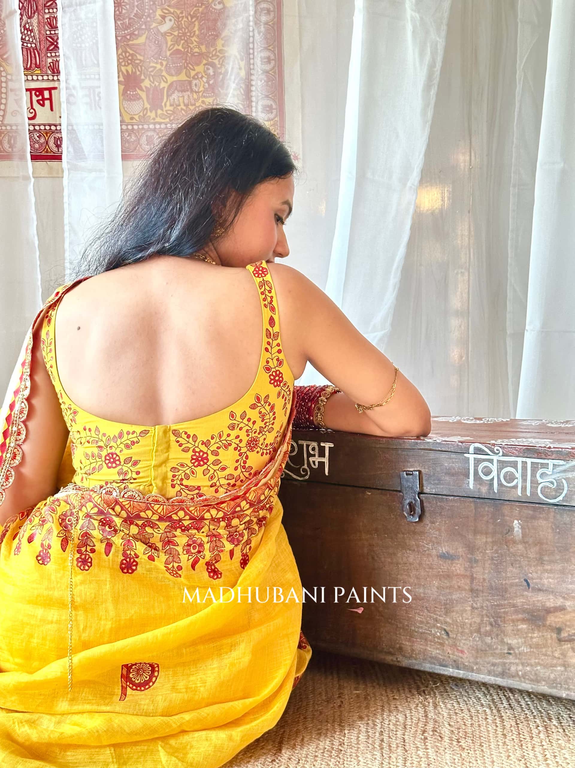 Haldi Bridal Hand-painted Madhubani Painting Saree Blouse Set — image 8 of 11