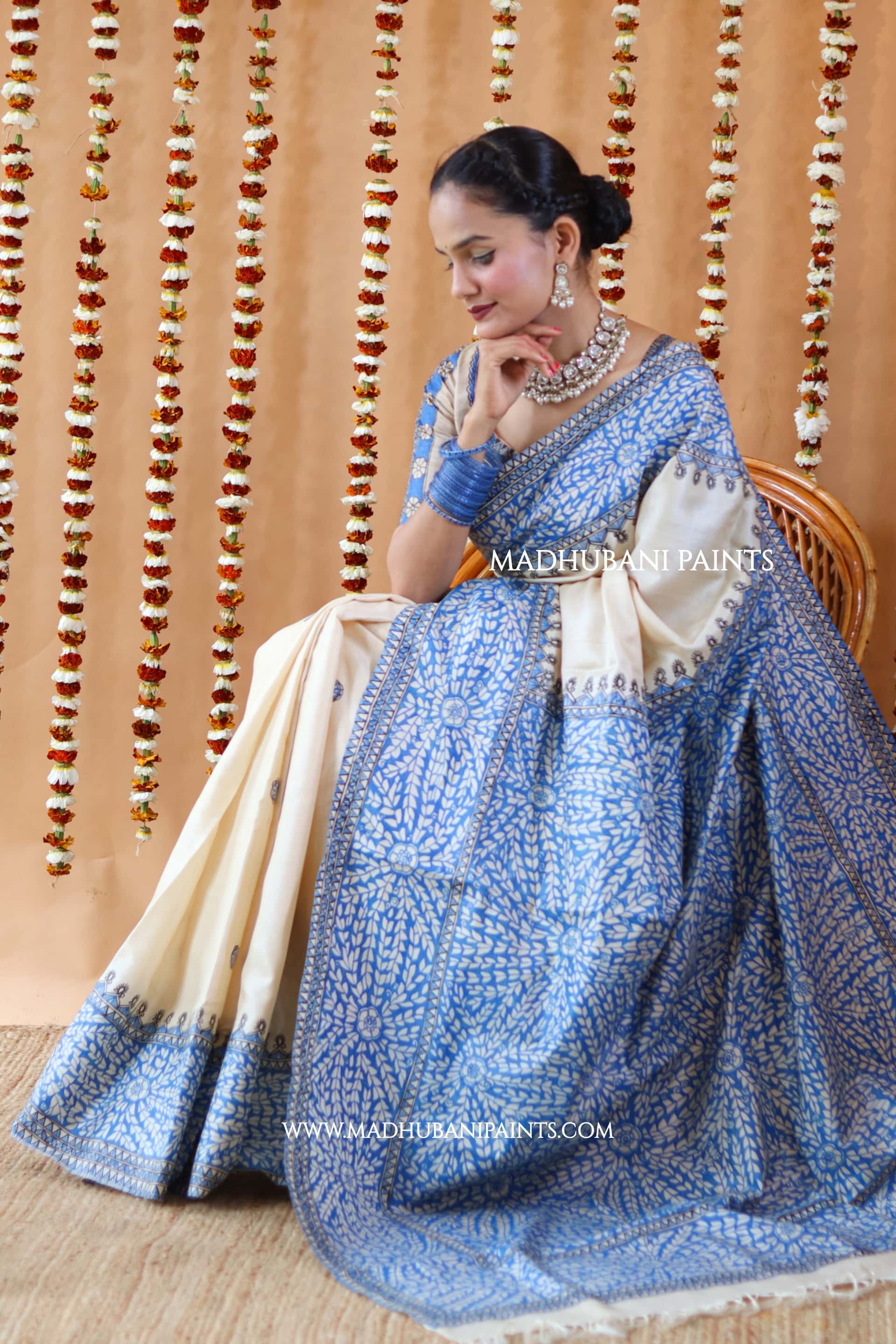 Blue Patta Handpainted Tussar Silk Saree — image 3 of 10