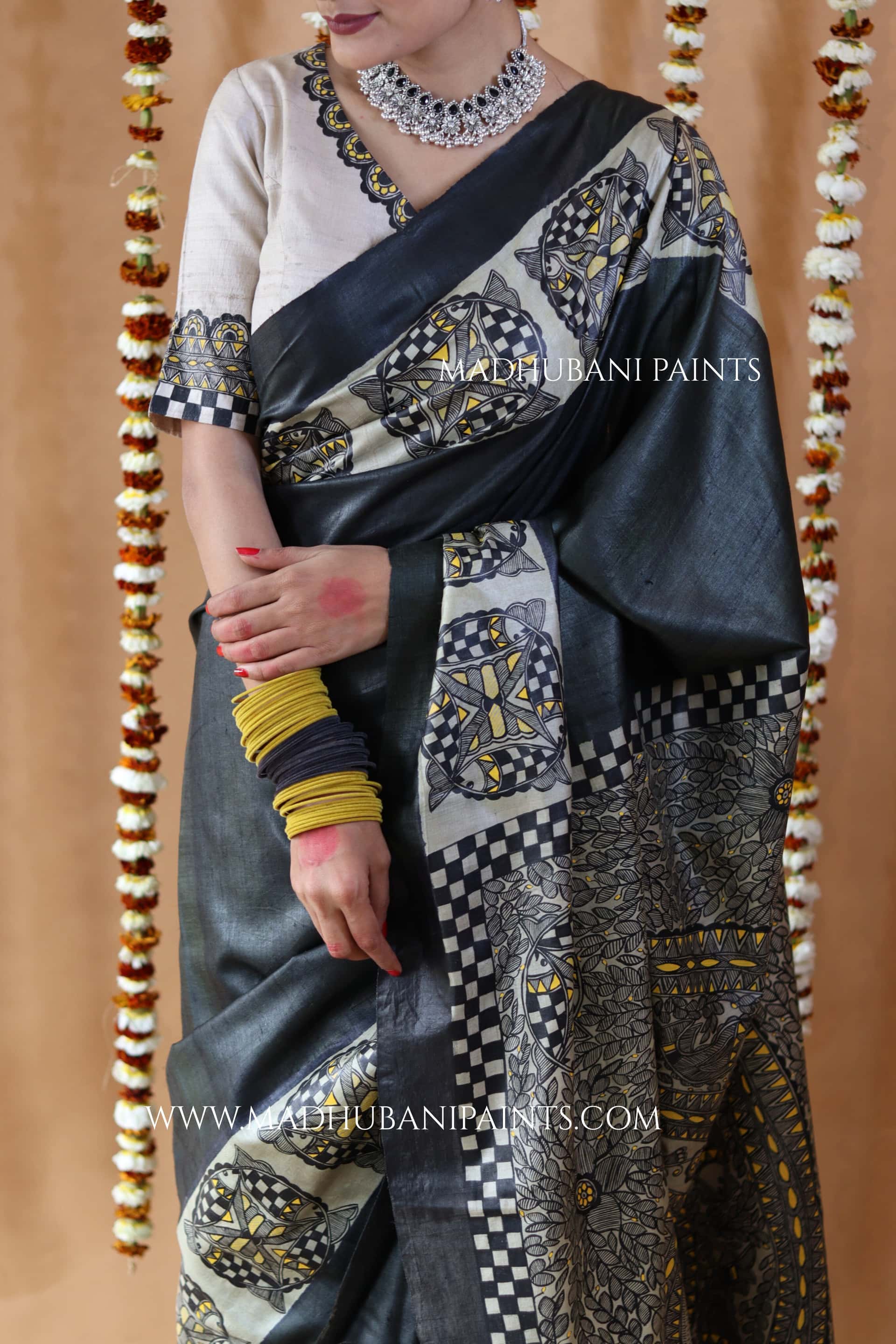 SAMUNDRAMAYI Yellow Hand-Painted Madhubani Tussar Silk Saree — image 6 of 7